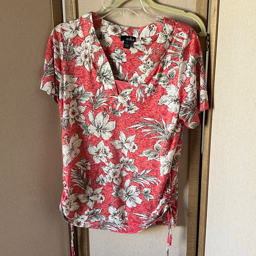 Erika Red Floral Blouse with gathered sides medium